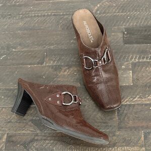 AEROSOLES Dark Brown Mules with Metallic Buckle